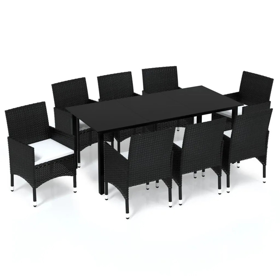 vidaXL 9-tlg Garten-Essgruppe aus Poly Rattan mit Glasplatte und Kissen in Schwarz - Bild 2