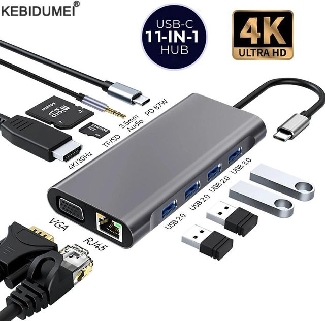 Kebidumei USB C Hub Typ C auf RJ45 HDMI VGA SD TF USB 3.0 2.0 Docking Station mit PD 87W für MacBook Pro Air in Grau - Bild 1