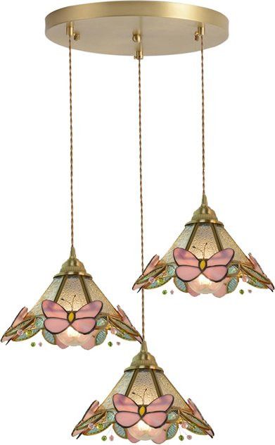 Ramalho Vintage Buntglas-Kronleuchter aus Messing in Rosa mit Schmetterlingsdesign - Bild 1
