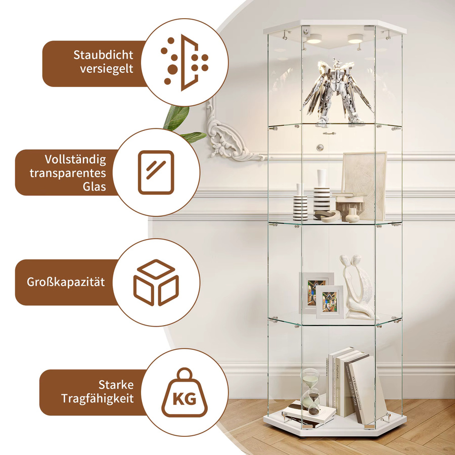 Comanlai Eck-Glasvitrine in Weiß mit 4 Regalen, Glastür und Schloss sowie Holzsockel - Bild 3