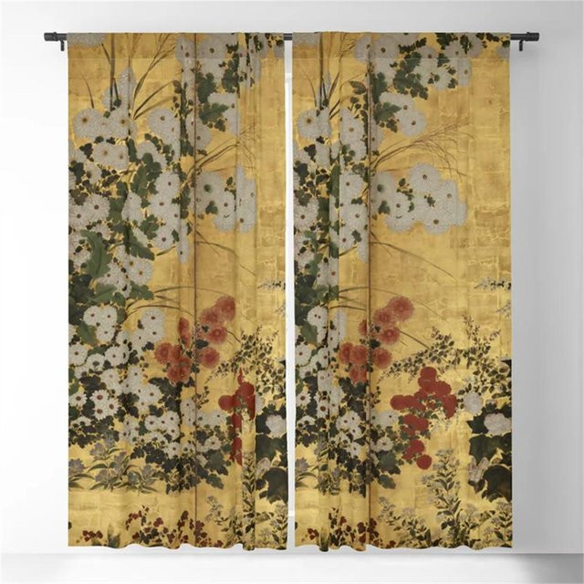 Japanische Edo-Periode Fenster Vorhänge mit Blattgold-Design, weiße und rote Chrysanthemen, 2er-Set, Breite: 110 cm, Höhe: 220 cm - Bild 1