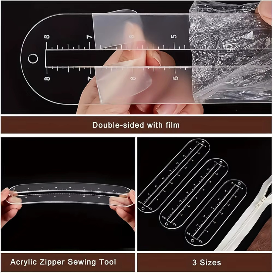 3-teiliges Set transparente Acryl-Reißverschluss-Schablonen und Patchwork-Lineale als Nähwerkzeug für Leder-Taschen und DIY-Projekte - Bild 4