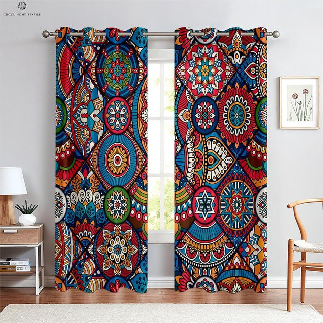 Bunter karierter Vorhang im Retro-Boho-Stil, halbtransparent, 2er-Set, Breite: 50 cm, Höhe: 130 cm - Bild 1