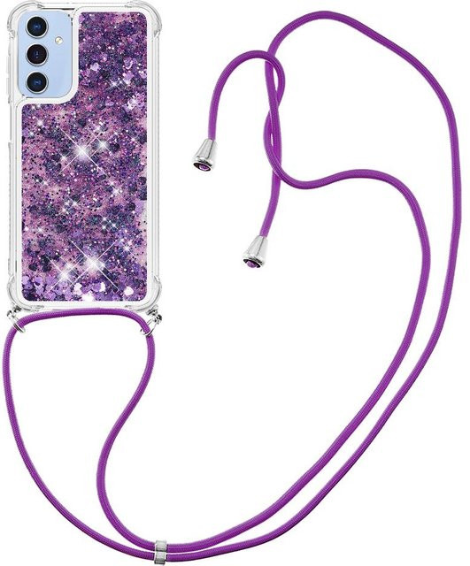 YULIN Halsketten-Lanyard Handyhülle mit Glitzer-Effekt aus Flüssig-Silikon für Samsung Galaxy S25 S24 S23 S22 S21 Plus Ultra FE in Transparent Purple - Bild 1