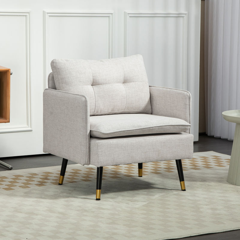 HOMCOM Moderner Loungesessel aus Leinen mit Kissen und Armlehnen in Beige und Stahlbeinen - Bild 2