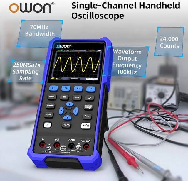 OWON 3-in-1 Handheld-Digitaloszilloskop mit 40 MHz oder 70 MHz, 250 Msa/s, 4,5-stelligem Multimeter und Wellenformgenerator in Blau - Bild 1