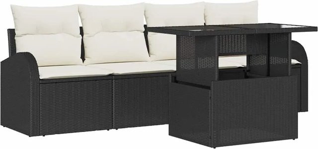 vidaXL Garten-Sofa-Set 5-teilig aus Poly Rattan und pulverbeschichtetem Stahl in Schwarz mit Kissen und Tisch - Bild 1