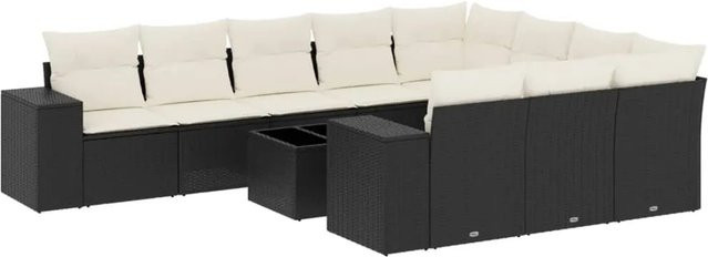 vidaXL 11-tlg. Garten-Sofagarnitur in L-Form aus Polyrattan mit Kissen in Schwarz-Creme - Bild 1