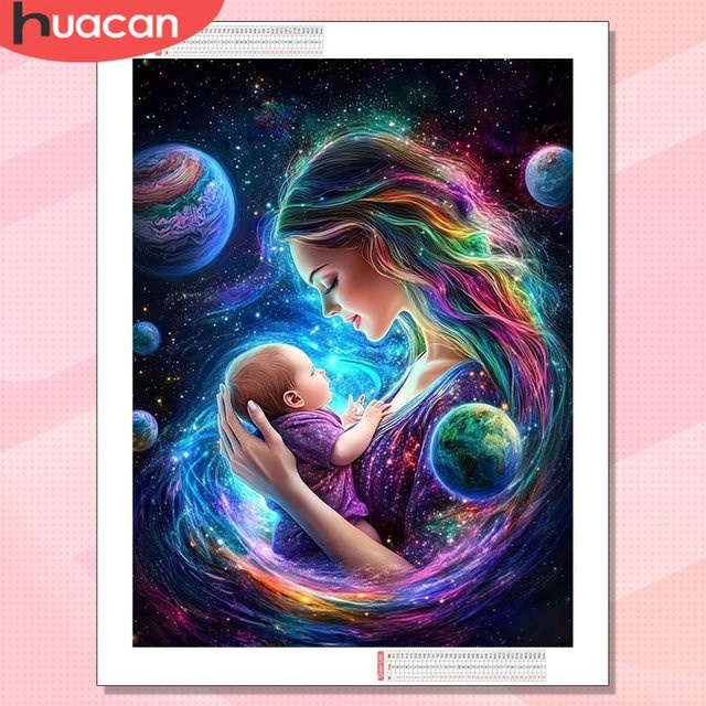HUACAN Diamantmalerei Mutter und Baby mit Sternenhimmel und Universum, Mosaik 5D Wanddekoration, Rund, Mehrfarbig, Durchmesser: 30 cm - Bild 1