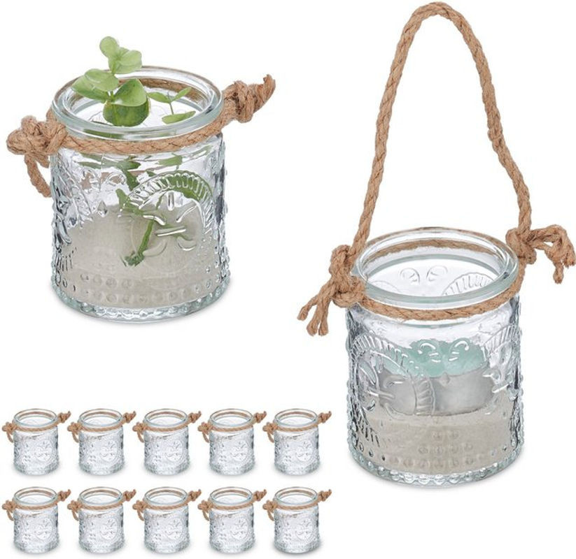 Relaxdays Windlicht 12er Set aus Glas mit Hanffaser in Transparent/Natur, Vintage Teelichthalter für Hochzeit und Dekoration, H x B x T: 15 x 7 x 6 cm - Bild 1