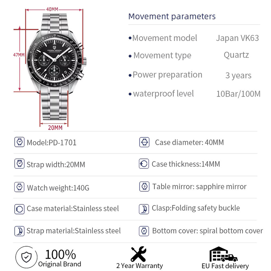 PAGANI DESIGN Chronograph, Quarzuhr, Edelstahl, Saphirglas, Herren, Schwarz - Bild 4