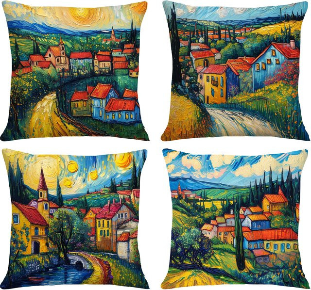 JMG Clothing Kissenbezug Van Gogh Inspiration Kunststadt Digitaldruck aus Plüsch, Mehrfarbig, B/H: 45 x 45 cm - Bild 1
