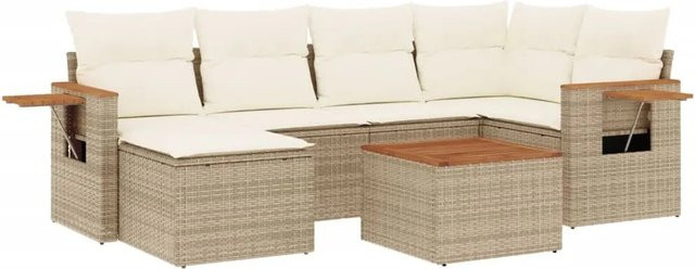 vidaXL 7-tlg. Garten-Sofagarnitur in L-Form mit Kissen und Couchtisch, Beige/Weiß, Poly-Rattan und Akazienholz - Bild 1