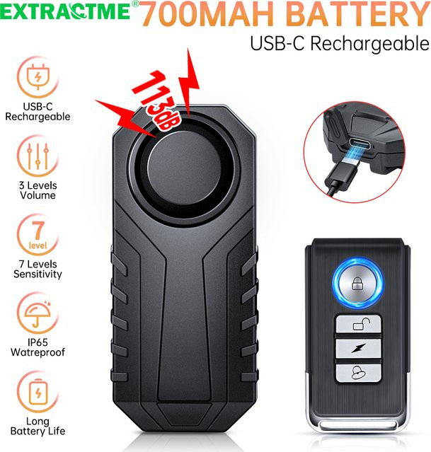 Extractme Drahtloser Anti-Diebstahl Alarm für Motorrad und Fahrrad, 113dB, Wasserdicht, USB-C Ladbar, Schwarz - Bild 1