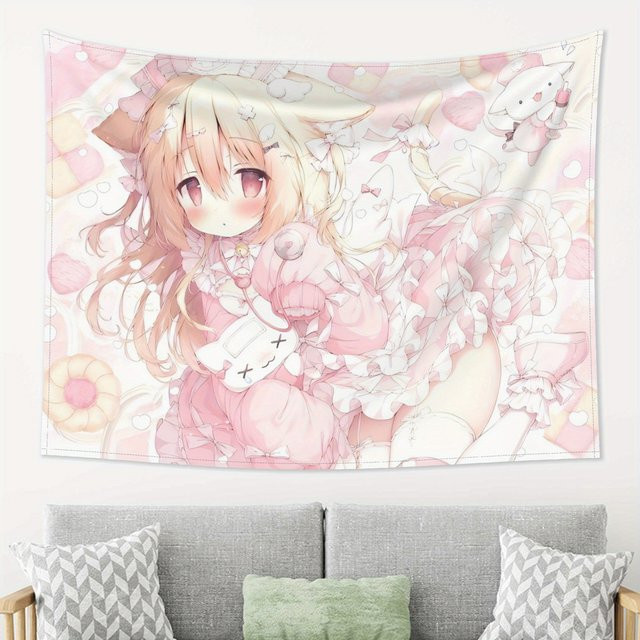 VIKAMA Anime-Mädchen Wandteppich in Rosa mit Lolita-Design für deine Heimdekoration, B/H: 60 x 40 cm - Bild 1