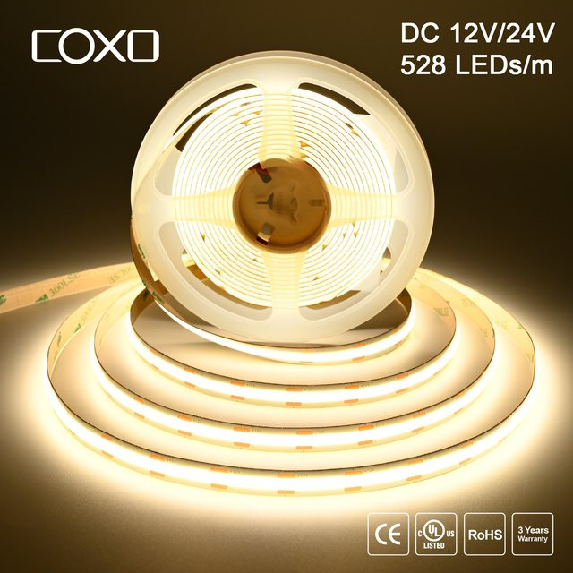 COXO COB LED-Streifenlicht dimmbar 24V mit 528 LEDs/m, Hochdichte flexible Bandbeleuchtung, Ra90+, Farbe: Weiß - Bild 1