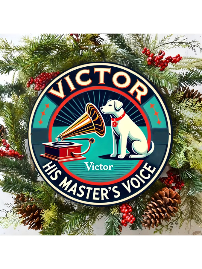 Victor His Master's Voice Rundes Aluminiumschild von Potdemiel – Vintage Metallwandkunst mit Hund und Grammophon, Mehrfarbig, Durchmesser: 20,3 cm - Bild 7