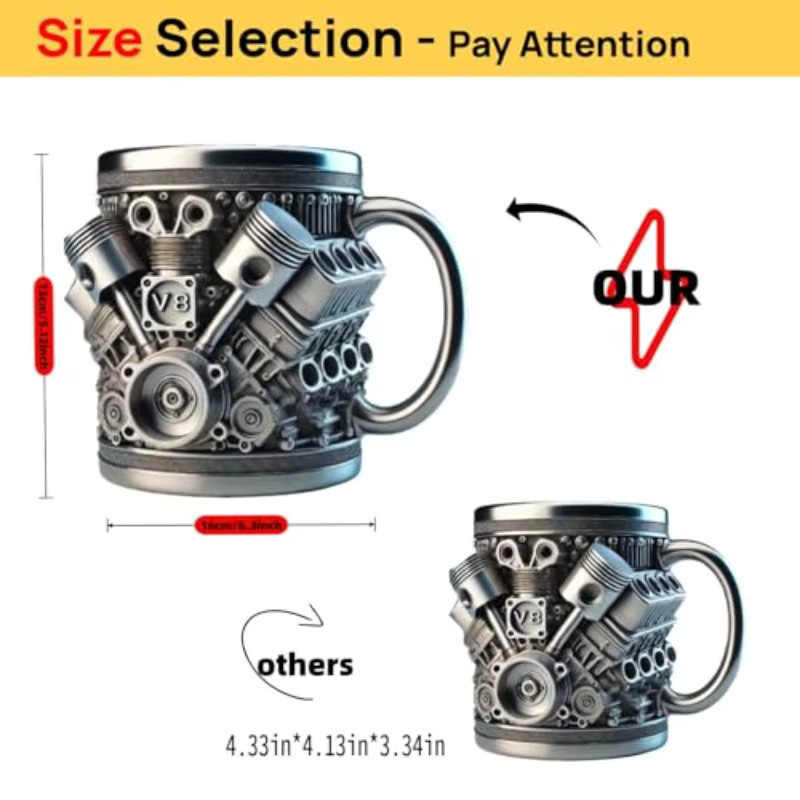 XMSJ 3D V8 V6 Motor Kaffeebecher aus Edelstahl in Silber, isolierter Becher für Mechaniker und Auto-Liebhaber - Bild 3