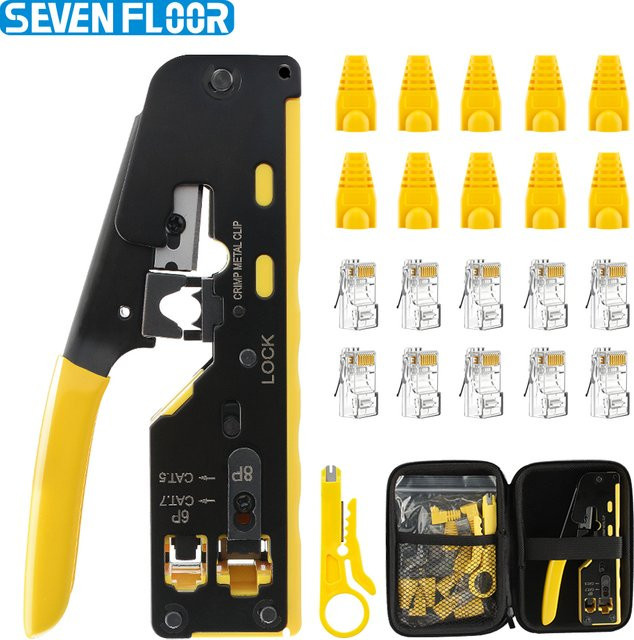 RJ45 Netzwerk-Werkzeugset für Ethernet LAN Kabel CAT7 CAT6 CAT5 in Gelb mit Crimpzange, Durchgangsverbinder, Steckerabdeckungen, Mini-Kabelabisolierer und Aufbewahrungstasche - Bild 1