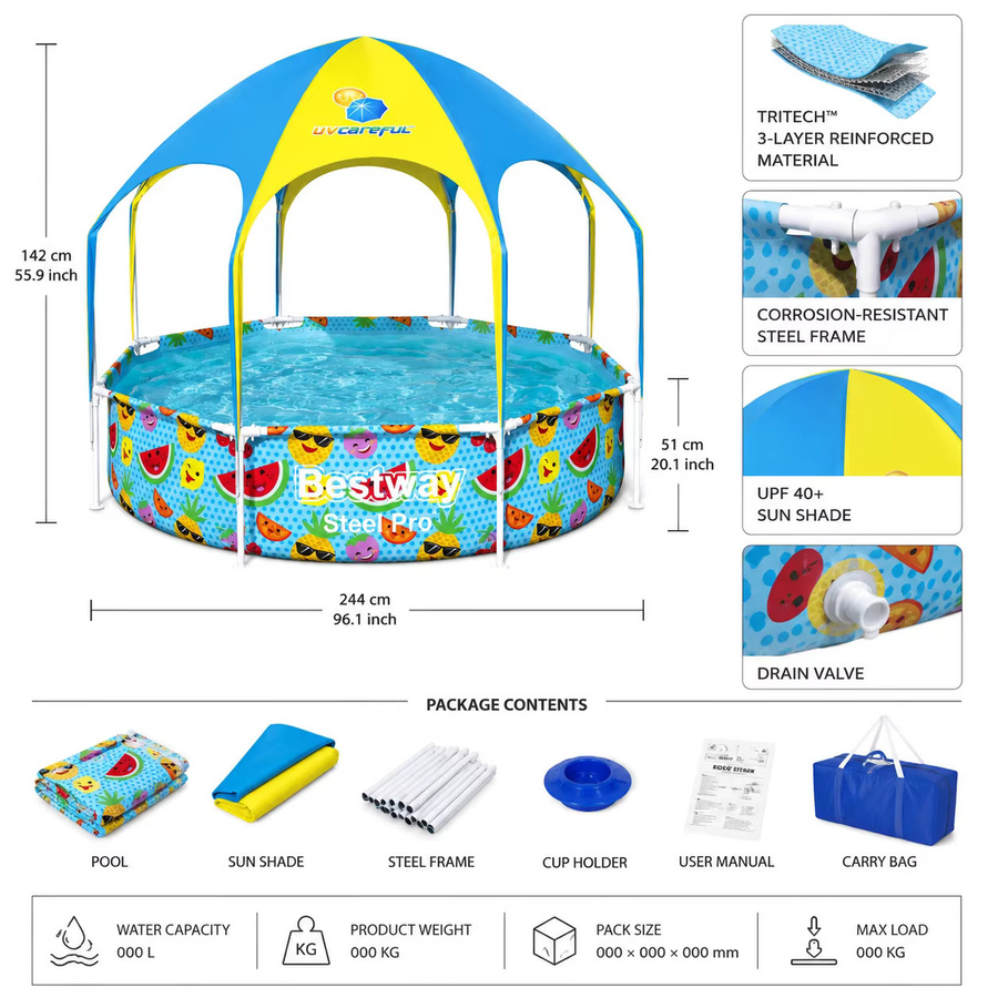Bestway Steel Pro Aufstellpool rund, Farbe Multicolour, B/H: 244 x 51 cm, mit Tritech 3-lagigem verstärktem Material und korrosionsbeständigem Stahlrahmen - Bild 6