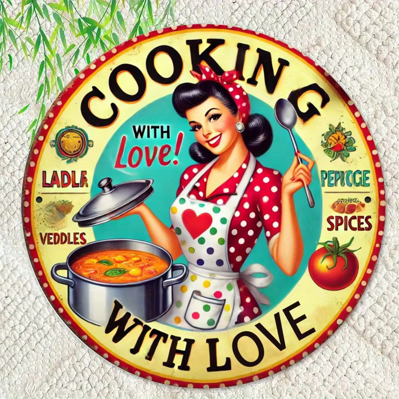 Rundes Metallschild HELLOYOUNG Cooking with Love Wanddekoration in Multicolour mit Retro-Design und Herz-Motiven, Durchmesser: 20 cm - Bild 4