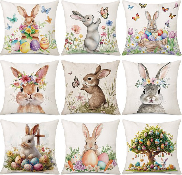 VIKAMA Osterdekoration Kissenbezug mit floralem Design und Tiermotiven, Mehrfarbig, B/T/H: 40 x 40 x 40 cm - Bild 1