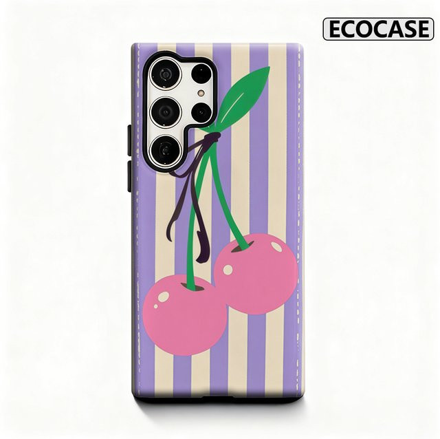 Potdemiel Handyhülle mit rosa Kirschen auf Streifen für Samsung Galaxy S25 Ultra, S24 und S23 Ultra Plus in Pink und Multicolour mit glänzender doppellagiger Rückseite - Bild 1