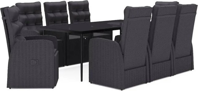 vidaXL 9-teilige Garten-Essgruppe aus PE-Rattan und pulverbeschichtetem Stahl in Schwarz mit Glasplatte und Kissen - Bild 1