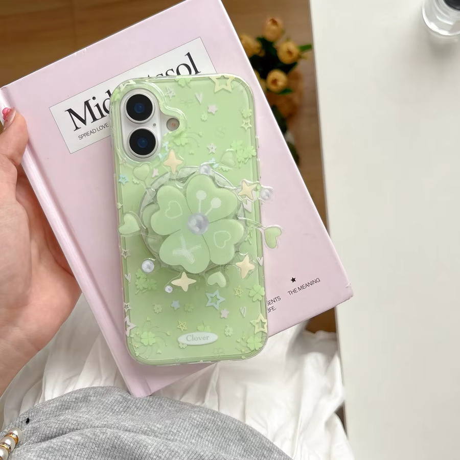 Grüne Handyhülle mit vierblättrigem Kleeblatt-Design und MagSafe-Magnet für iPhone 16, 15 und 14 Pro Max - Bild 4