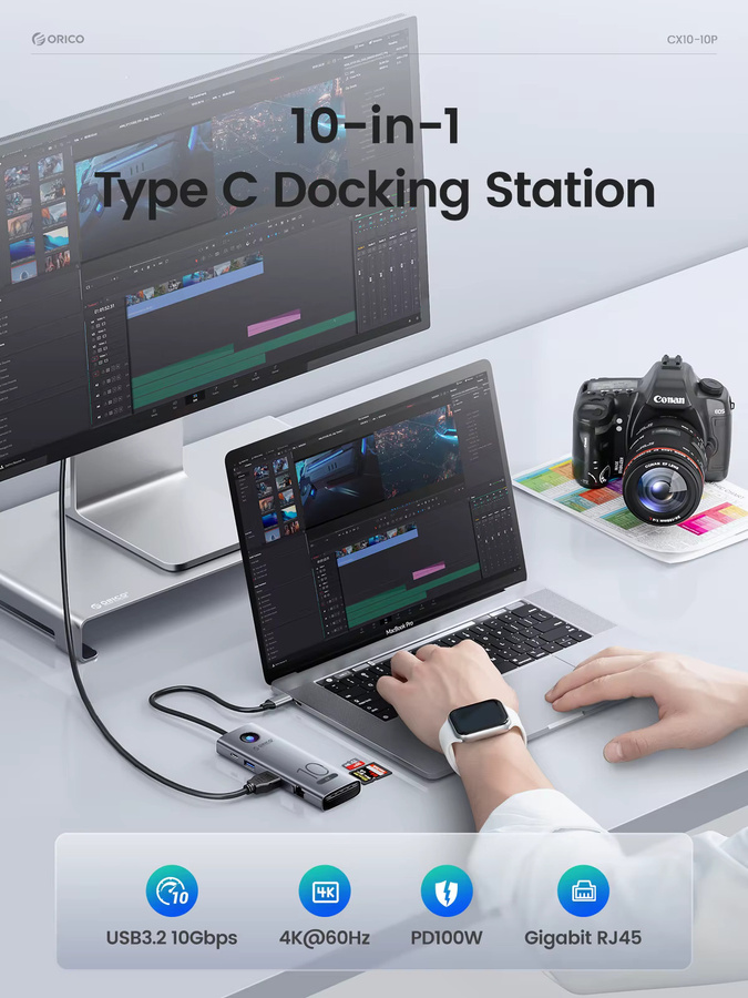 Orico USB-C Docking Station mit HDMI 4K 60Hz, USB 3.0, USB 2.0, RJ45 Ethernet, PD 100W und Kartenleser - Bild 2