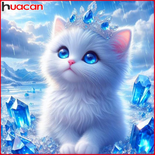 Huacan Diamant-Stickerei Katze in Winterlandschaft mit runden Steinen, Breite: 20 cm, Höhe: 20 cm - Bild 1