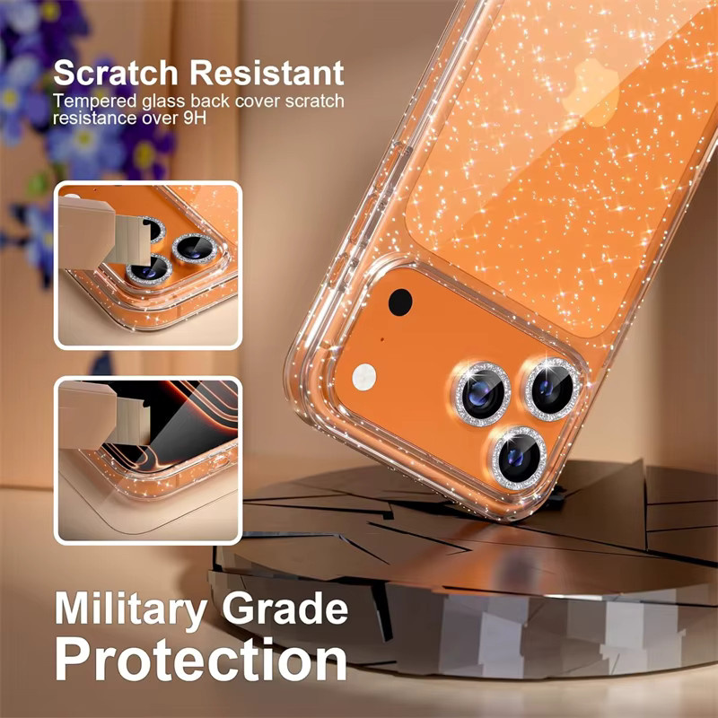 NMEGOU 3-in-1 Schutzhülle für iPhone mit Kameraobjektivschutz, Displayschutz und Glitzer-Softcase in Orange - Bild 2