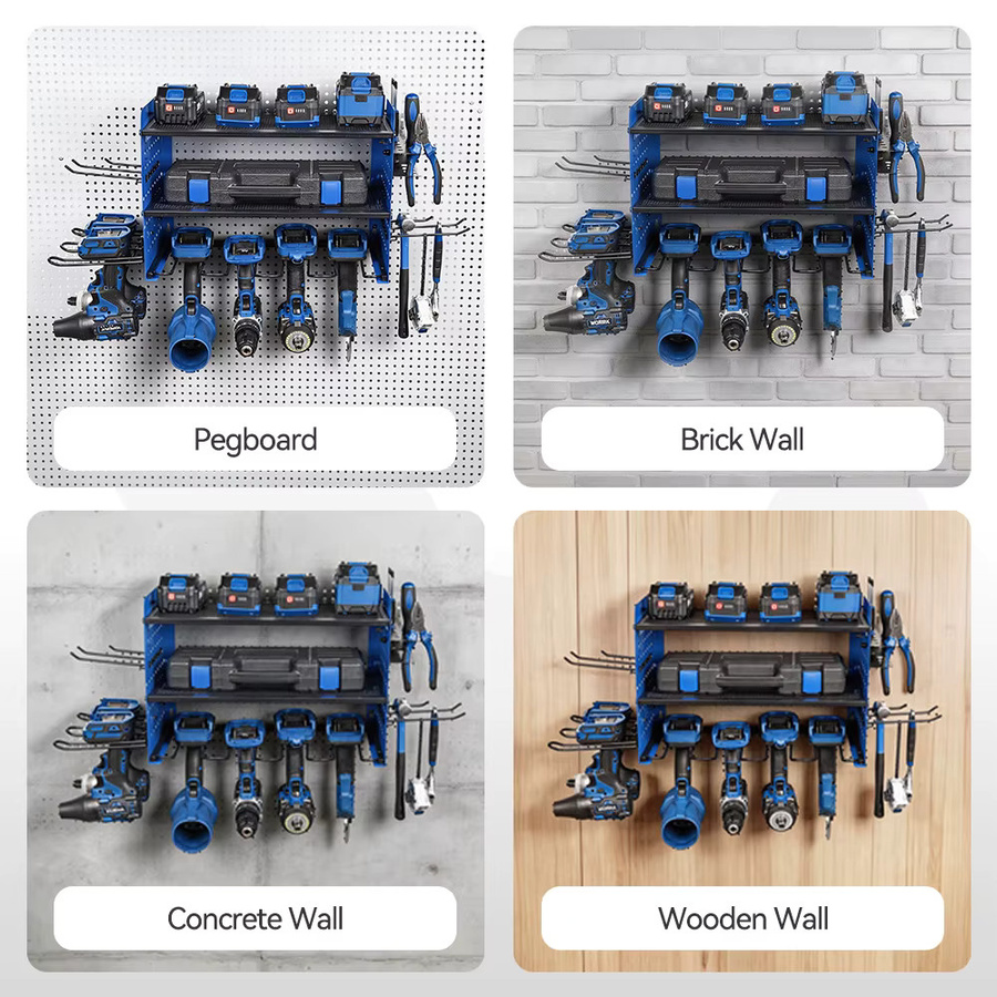 YOFIDRA 3-stufiger Elektrowerkzeug-Organizer zur Wandmontage in Blau, Hochbelastbares Pegboard-Aufbewahrungsregal und Bohrmaschinenhalter für die Garage, B/T/H: 42,9 x 30,0 x 22,0 cm - Bild 2