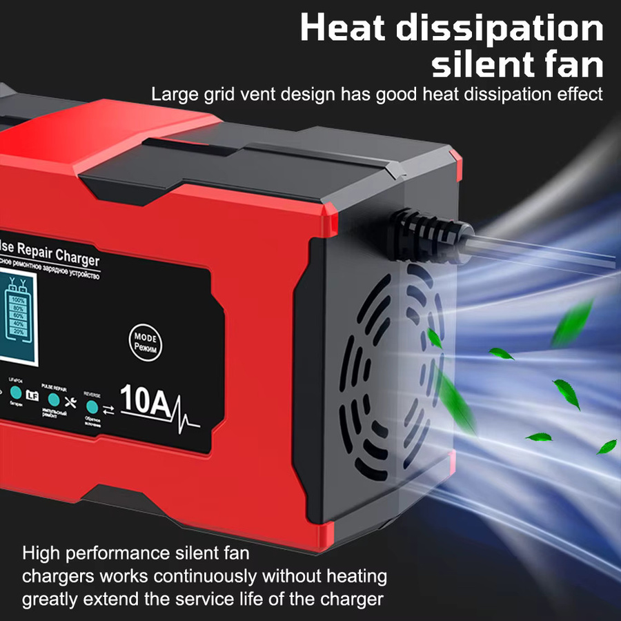 Intelligentes Autobatterieladegerät mit LCD-Display und Pulsreparatur Funktion, 12 V, 10 A, für Eisen-Lithium-Batterien, Farbe: Rot - Bild 5