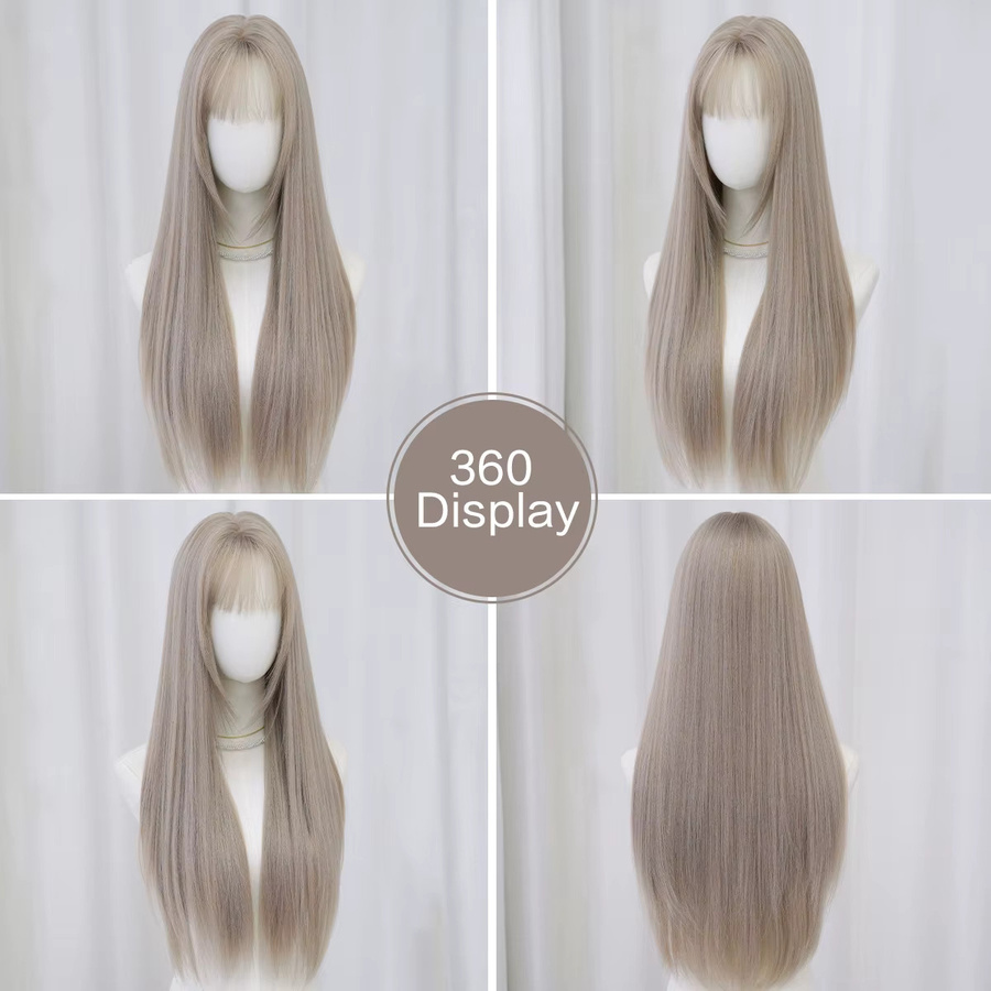 7JHH WIGS Perücke für Damen, lange aschblonde Synthetik-Haare, grau, mit Pony - Bild 4