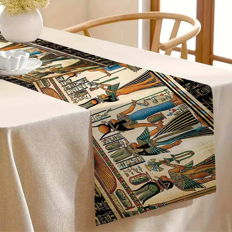 VIKAMA Tischläufer aus 100 % Leinen mit altägyptischem Retro-Print, Mehrfarbig, Länge: 150 cm - Bild 3