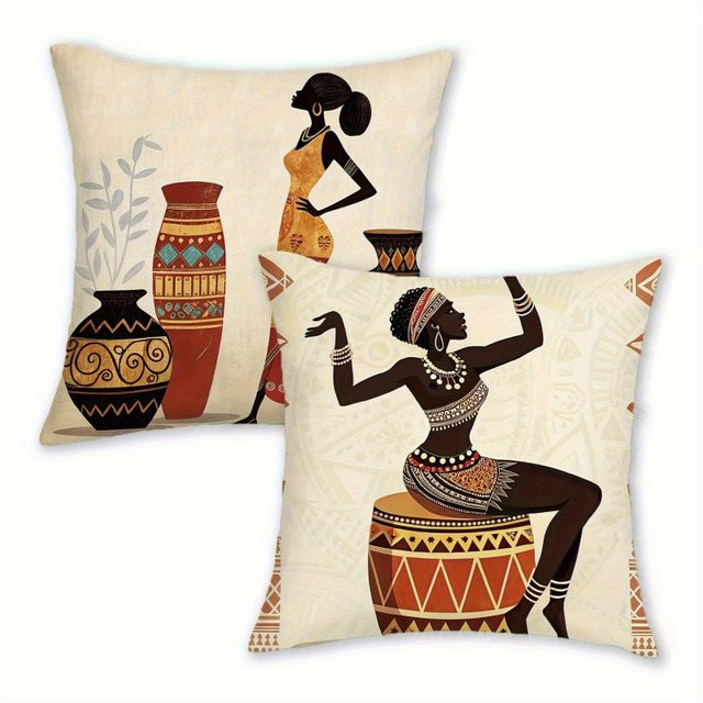 VIKAMA 2-teiliges Kissenbezug-Set im Art-Deco-Stil, quadratische Sofakissen in Beige mit Grafik-Design - Bild 1