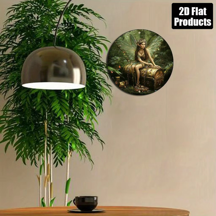Potdemiel Runde Aluminium-Wandkunst mit Fee und Waldszene im Vintage-Stil, Mehrfarbig, Durchmesser: 20,3 cm - Bild 5