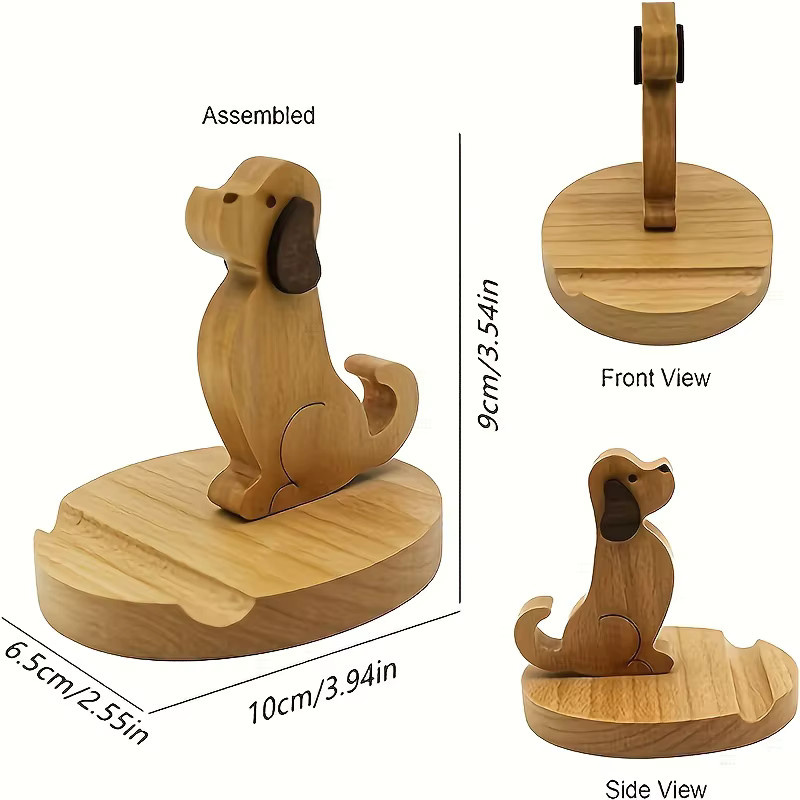 DUTRIEUX Handyhalter aus Massivholz in Braun mit Cartoon Welpen Design für deinen Schreibtisch - Bild 3