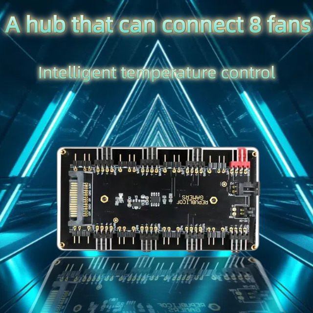 AuyiHomu Dualer 8-Kanal Computer-Gehäuselüfter-Hub mit 8 PWM- und 8 ARGB-Schnittstellen und SATA-Stromversorgung in Schwarz - Bild 1