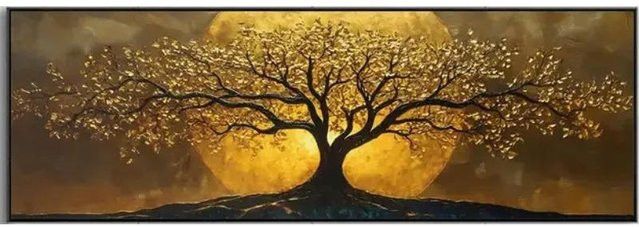 Leinwand Wandbild Mondlicht-Baum mit goldenem Vollmond und Silhouette-Landschaft von Customized Life, Farbe: Gold, B/H: 30 x 90 cm, ohne Rahmen - Bild 1