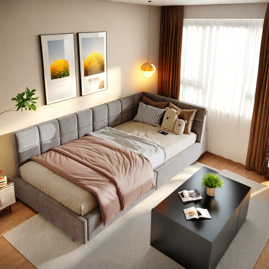 FEEOHOME Polsterbett Einzelbett mit LED und Stauraum, gepolstertes Funktionsbett aus Samt in Beige, B/T: 90 x 200 cm - Bild 4