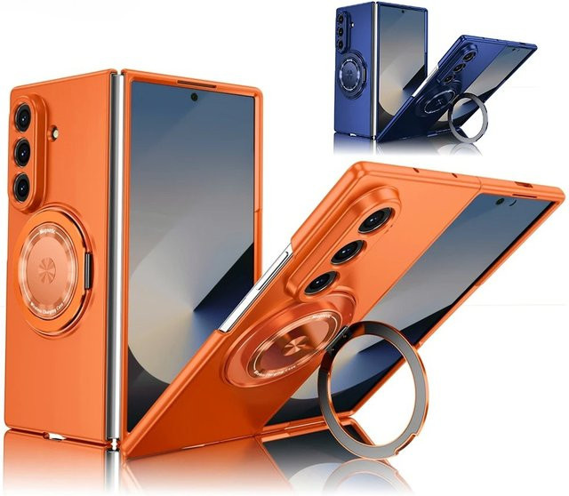 Stoßfeste Samsung Handyhülle mit militärischer Panzerung und 360 Grad drehbarer magnetischer Halterung für MagSafe kabelloses Laden in Schwarz und Orange - Bild 1