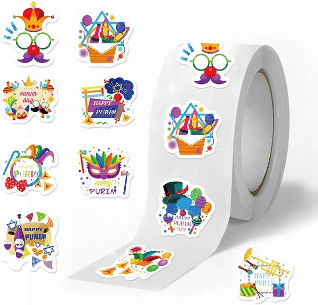 500 Stück Happy Purim Aufkleber von PickJoy in Multicolor mit Clown-Masken und Trommel-Motiven für Kinder und jüdische Feiertage - Bild 1