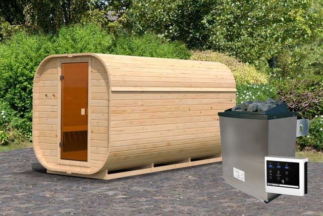 Fasssauna QUADRO 3 mit 9,0 kW Ofen und Steuergerät, Maße: B: 199 cm, T: 355 cm, Wandstärke: 38 mm - Bild 1