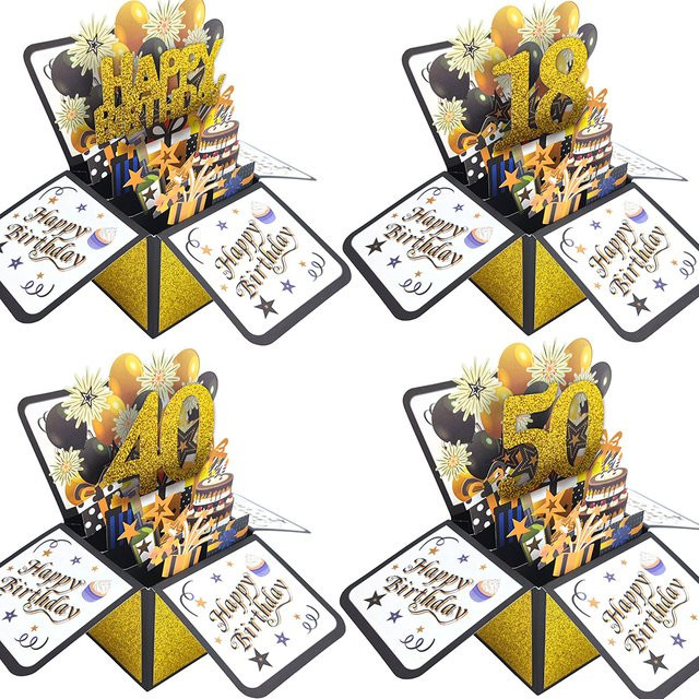 Schwarzgoldene Happy Birthday Pop-Up-Karte für Erwachsene mit Notizumschlag aus Papier - Bild 1