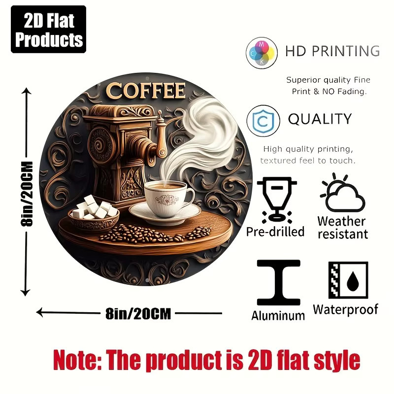 Rundes Wanddekorschild aus Aluminium von Potdemiel mit Kaffeethema und Vintage-Espressomaschinen-Design, Durchmesser: 20,3 cm - Bild 3