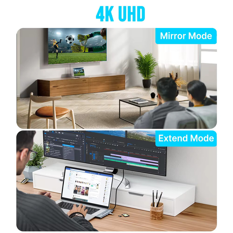 Lemorele 7-in-2 USB-C Hub Multi USB Splitter Adapter mit HDMI 4K, TF, SD und USB 2.0 sowie PD 60W Ladefunktion in Silber für MacBook und Laptop - Bild 4
