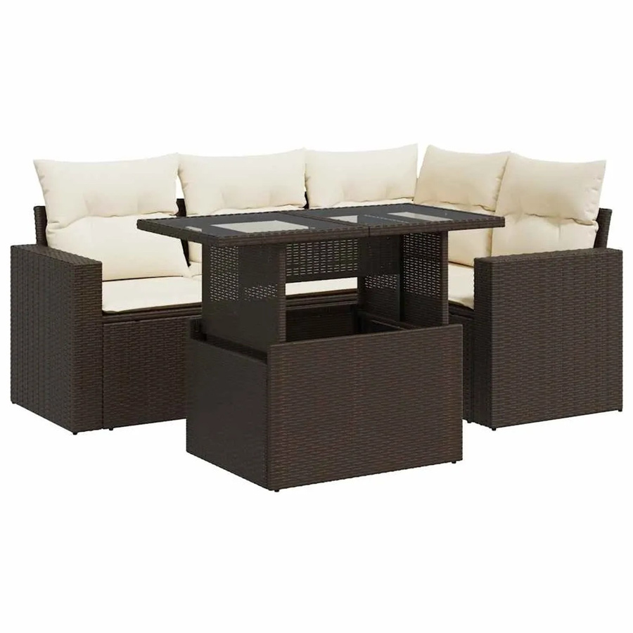 vidaXL 5-tlg Garten-Sofagarnitur in L-Form mit Kissen und Couchtisch, Braun/Weiß, Poly Rattan und Metallgestell - Bild 2