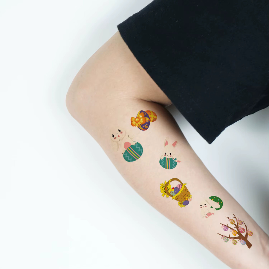 10-teiliges Set temporäre Tätowierung, Ostertag Cartoon Kaninchen und bunte Eier Muster, wasserdichte langlebige Tattoo Aufkleber - Bild 4